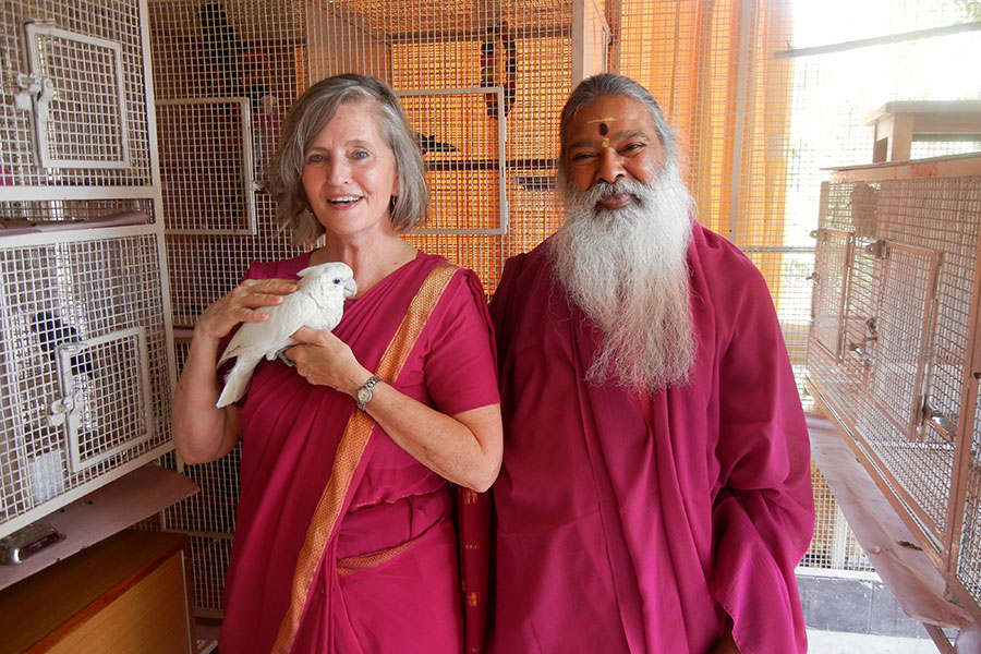 At His Holiness’ palace compound with the monk who guards His Holiness’ prayer hall, which is not open to the public. Patti Bailey and Rev. Susan Sims Smith, Dharmsala, India, 2013.